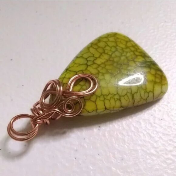 Handmade Copper Wrapped Green Agate Pendant • Vegan Suede • Boho Necklace - Picture 2 of 16